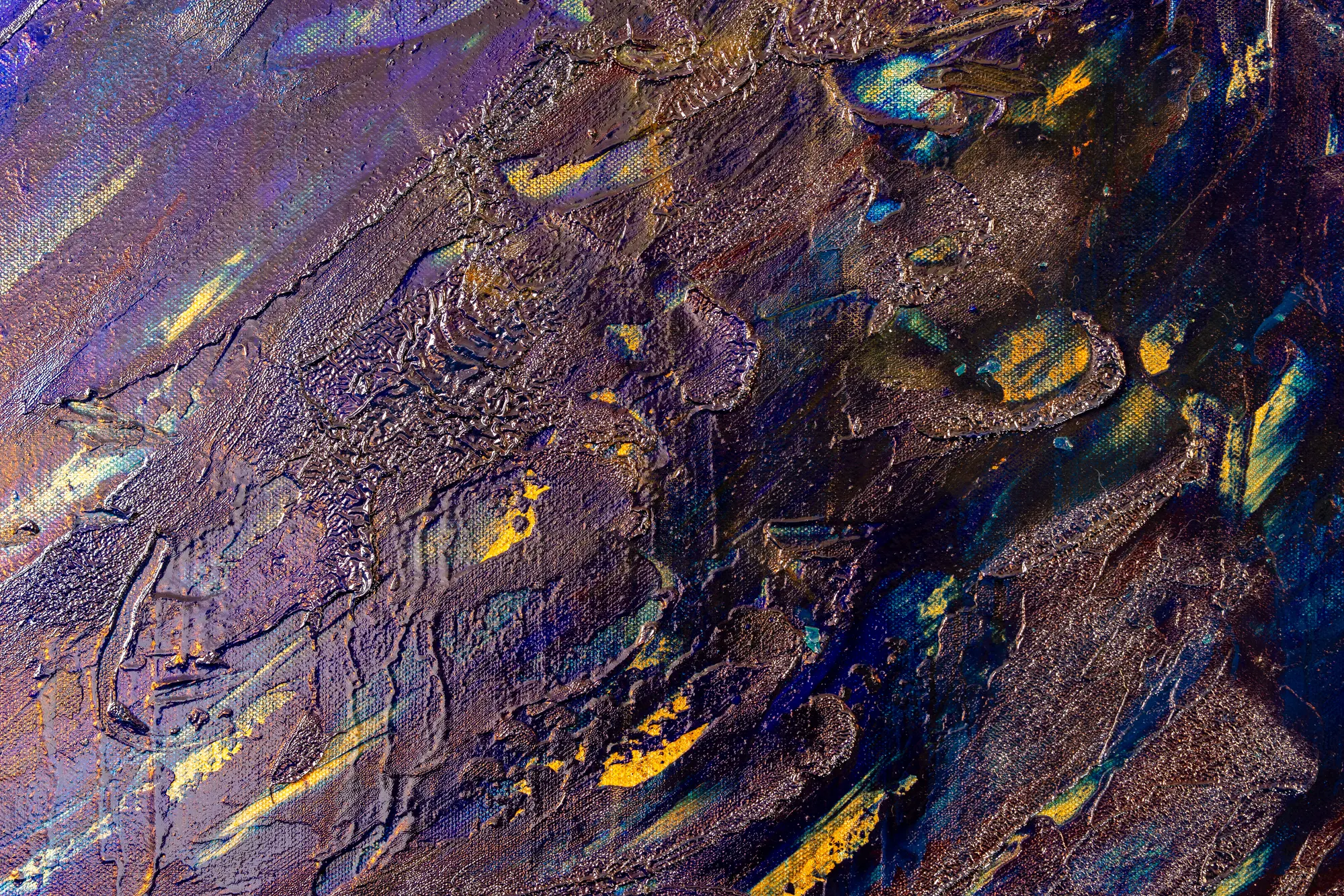 Close view where the blue turns violet and bronze, thick ridges of paint broken by yellow and teal.