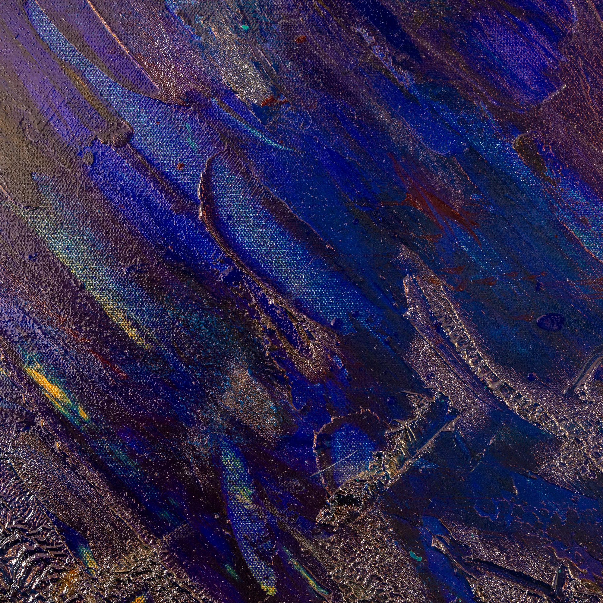 Square close view of long blue diagonal strokes, the canvas weave reading clearly through thin paint.