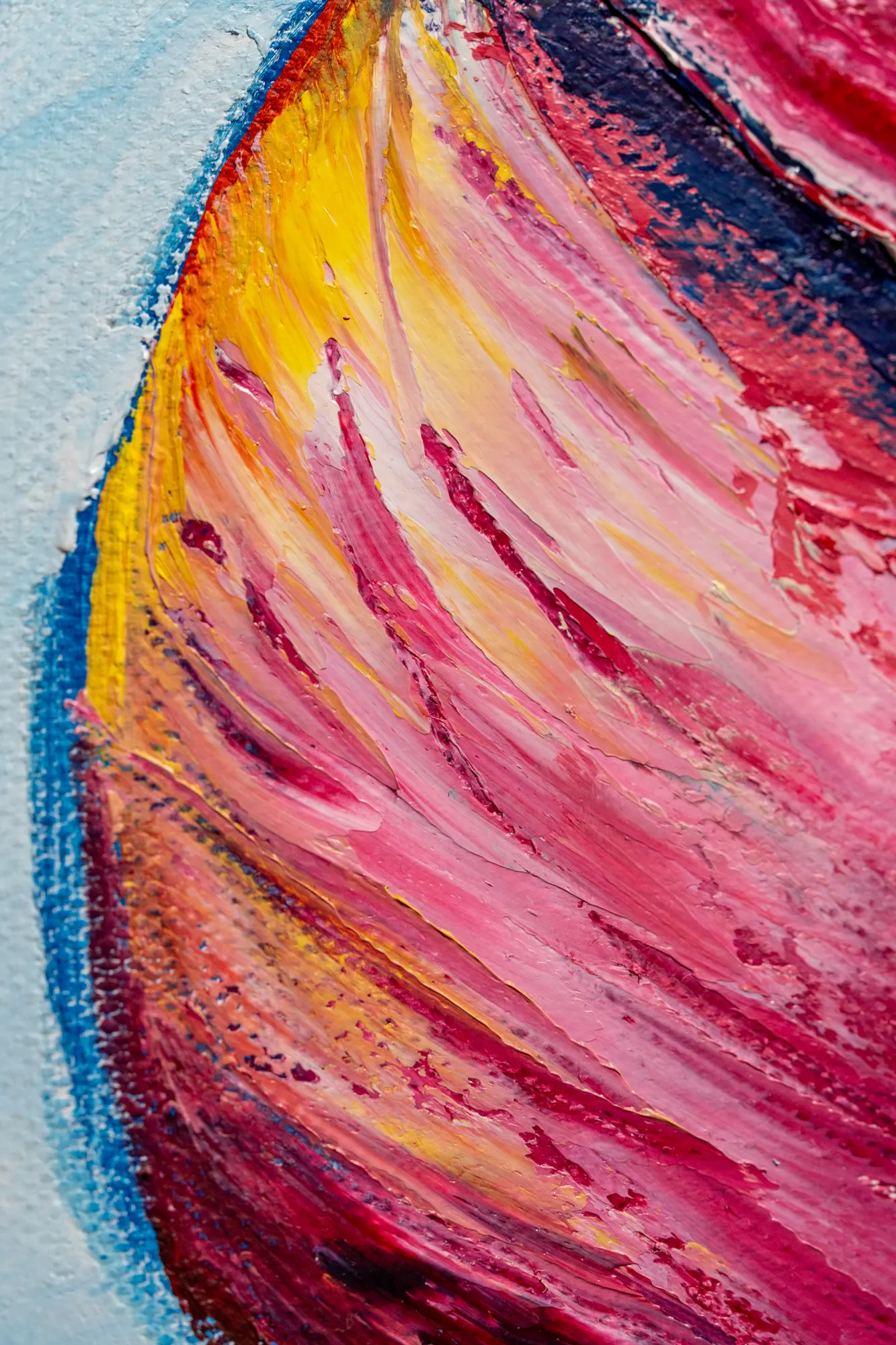Upright close view of the magenta form, its edge lit yellow and orange, built from long streaked palette strokes.