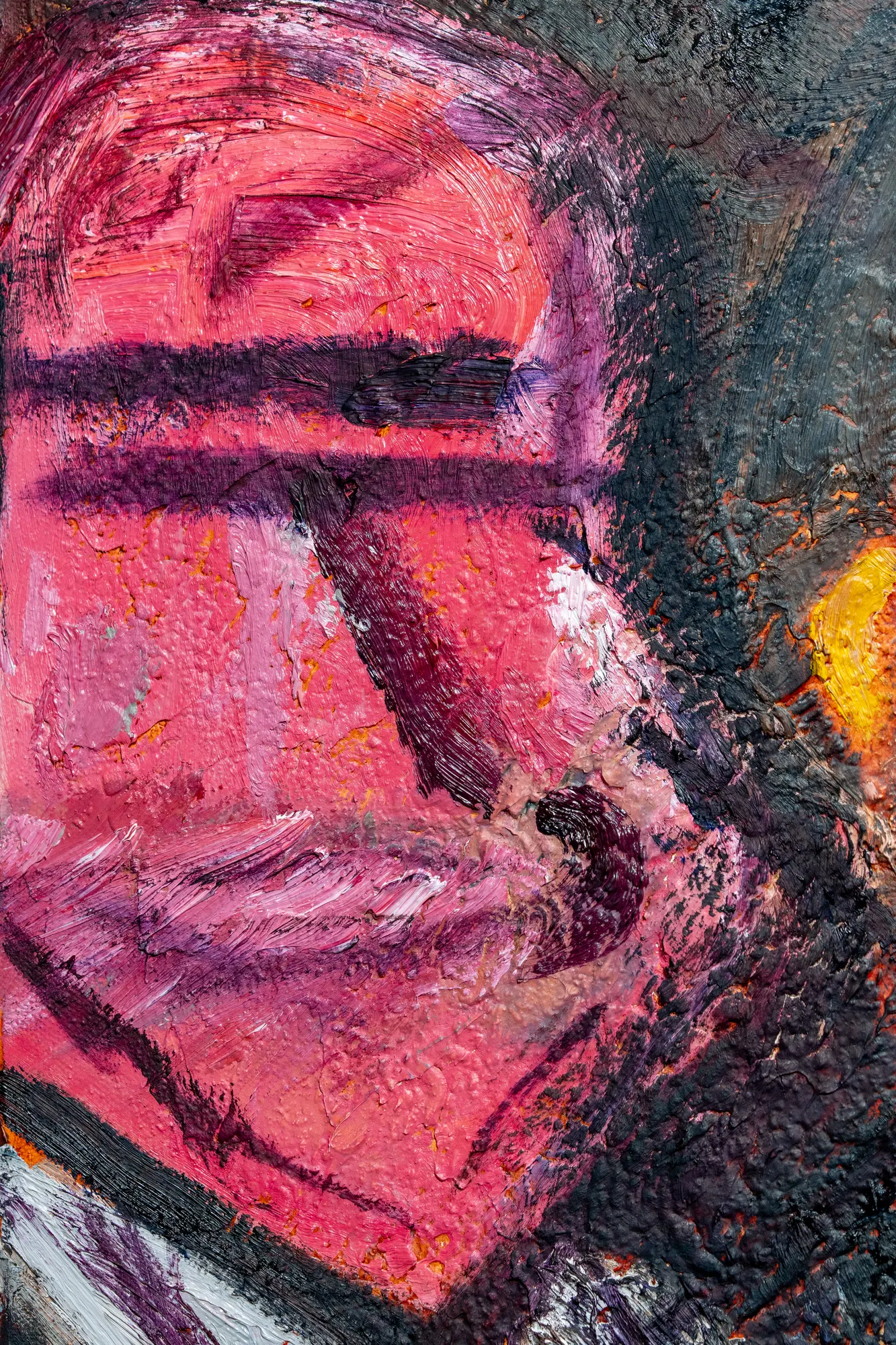 Upright close view of the red-pink head, crossed by two dark bands, against black crusted paint with orange in its cracks.