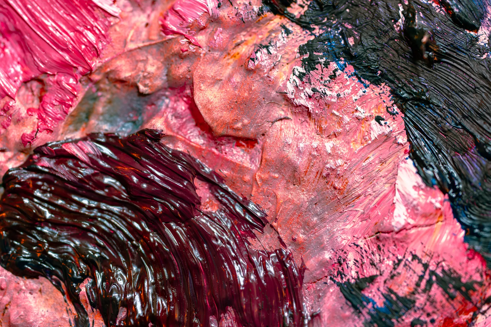 Close view of thick pink and coral paint beside a glossy dark red stroke.