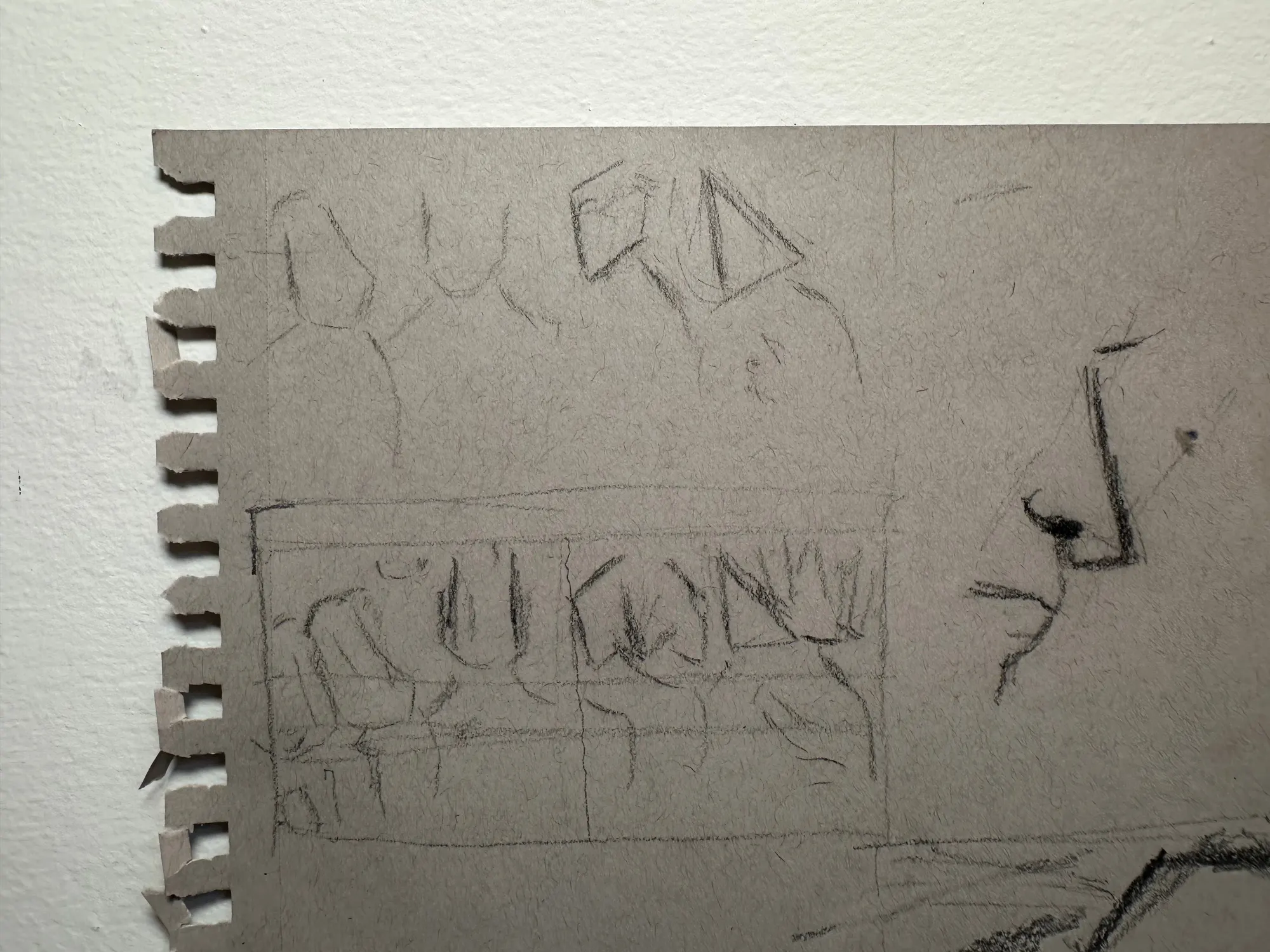 First charcoal sketches for Display Room on toned paper: rough boxes with four forms standing on plinths.