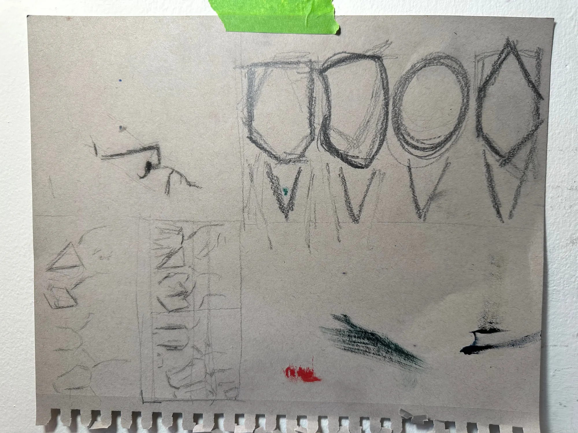 A page of Display Room sketches on toned paper, four shapes drawn above a row of narrow V-shaped stands.