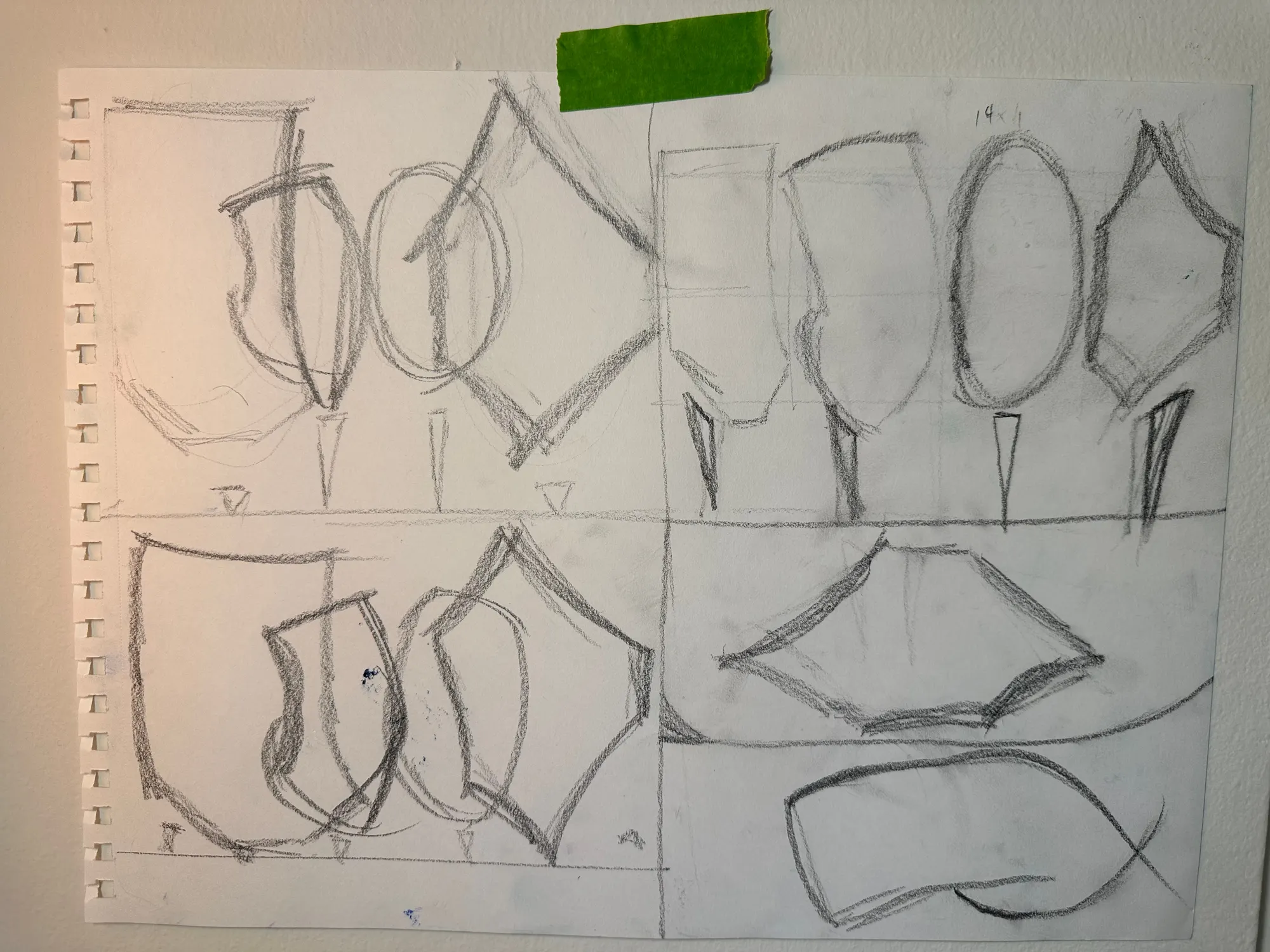 Four further Display Room composition studies laid out in a quadrant grid on white paper.