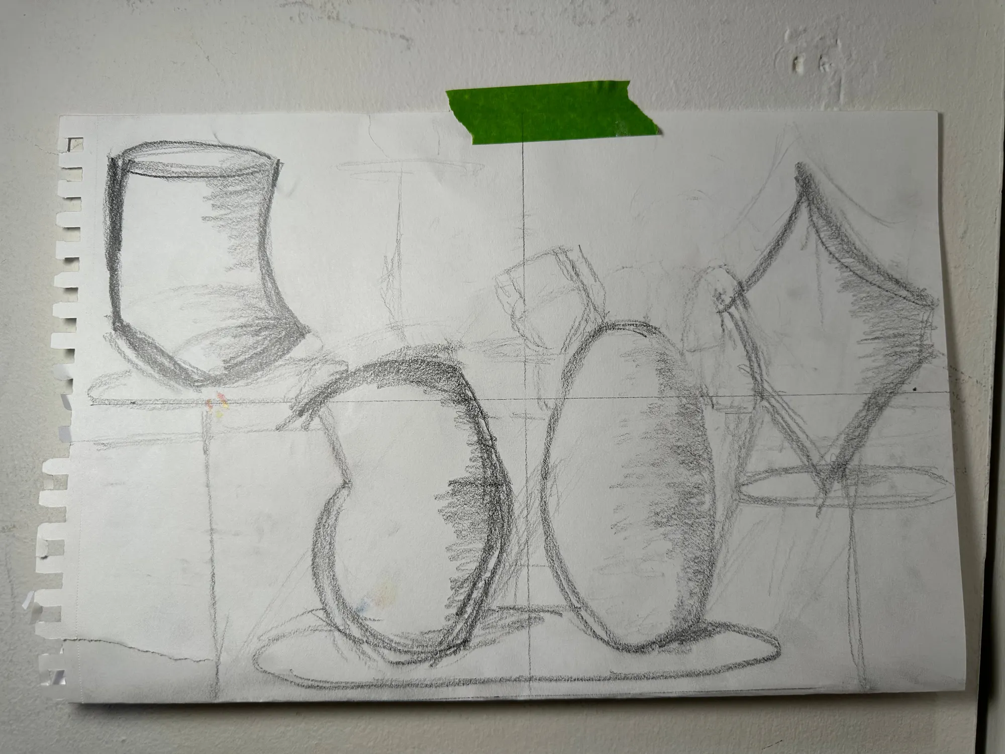 The final Display Room sketch: a tipped vessel at the left on its own stand, two rounded forms sharing a base at the centre, and an angular shape at the right.