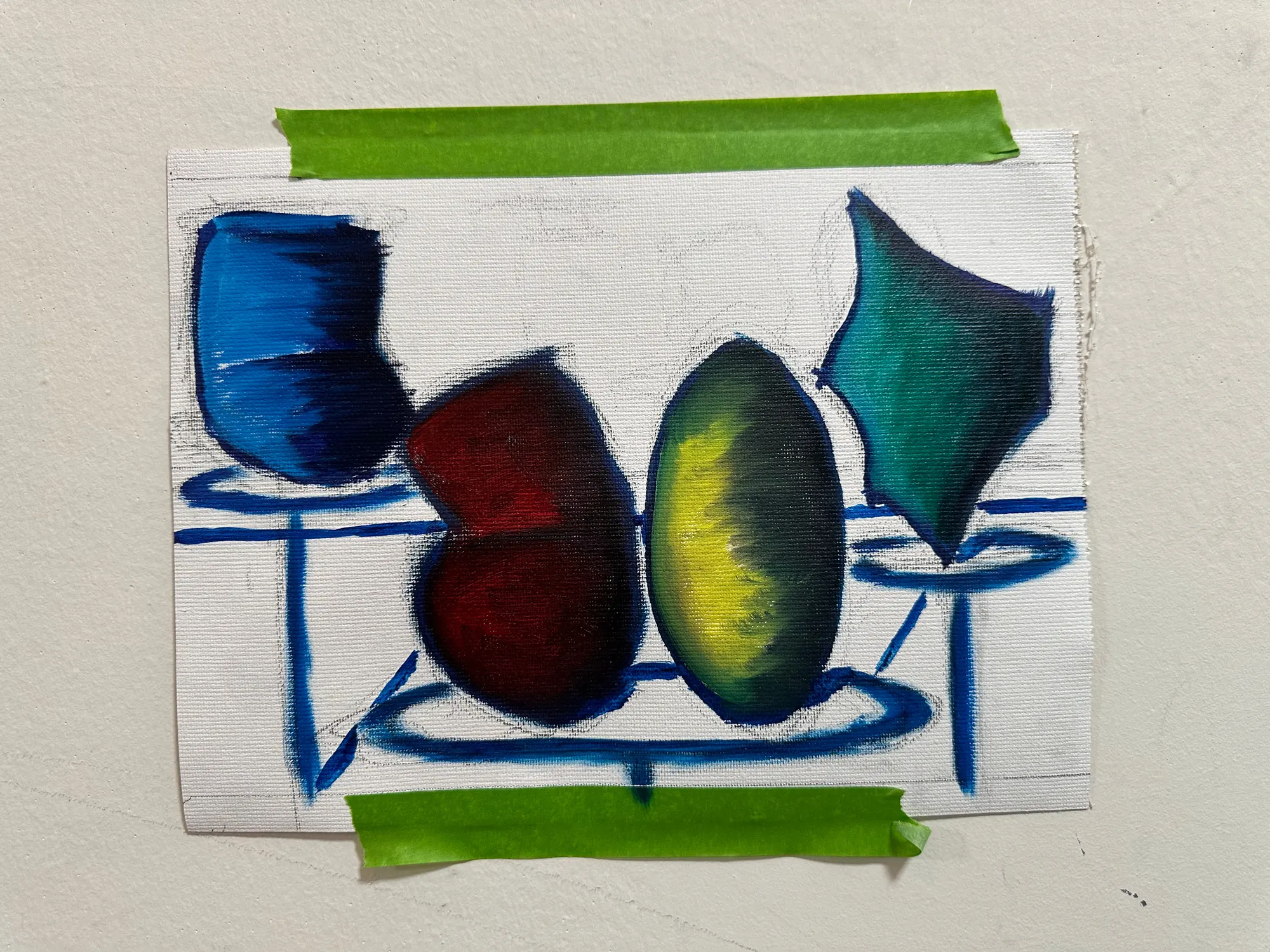 A nine by twelve oil study for Display Room: a tipped blue vessel, a dark red rounded form, a yellow-green ovoid and an angular teal shape on stands drawn in blue line.