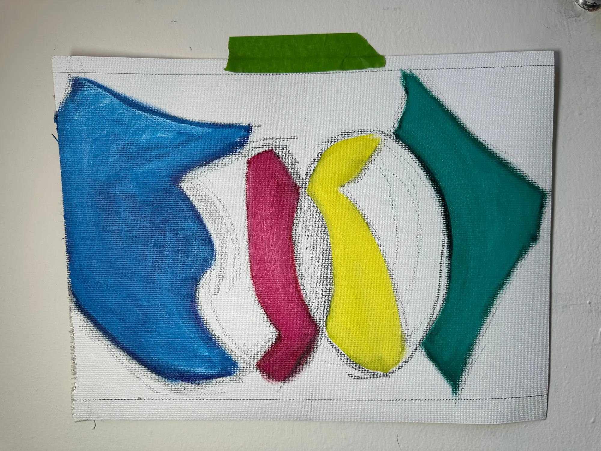 An alternative nine by twelve study for Display Room, the four shapes painted flat and angular against bare canvas over pencil construction lines.